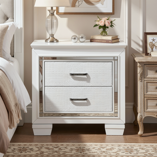 Sunvega Silver Faux Alligator Embossed Nightstand with 2 Dovetail Drawers and LED Lighting