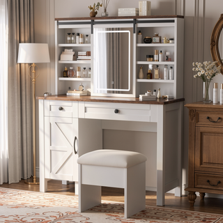 Sunvega Farmhouse Vanity Desk with Sliding LED Mirror Lights and Hairdryer Holder