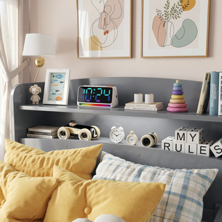 Sunvega Twin Pine Wood Bed with LED Motion Sensor Light and Bookcase Headboard