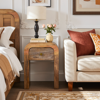 Sunvega Mini Darcy Oak-ish Nightstand with Curved Edges and Brass Knob