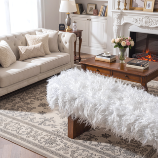 Sunvega White Khaki Fur Bench with Walnut Frame for Ottoman or Seating