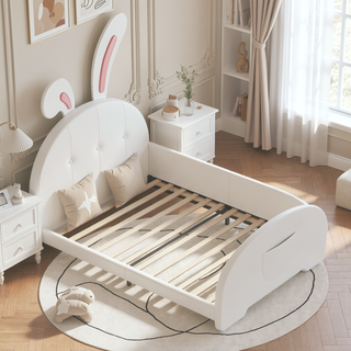 Sunvega Twin Size Upholstered Rabbit-Shape Princess Platform Bed with Headboard