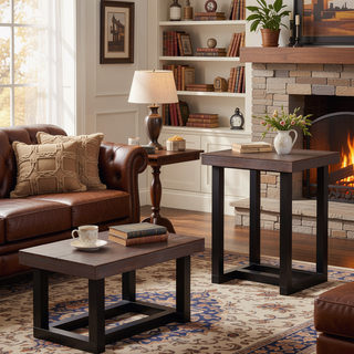 Sunvega Rustic Live Edge Stool Set of 2 in Cherry and Ebony Finish