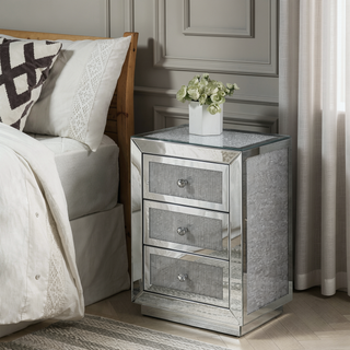 Sunvega Glam Style Nightstand with Three Mirrored Drawers and Faux Diamonds