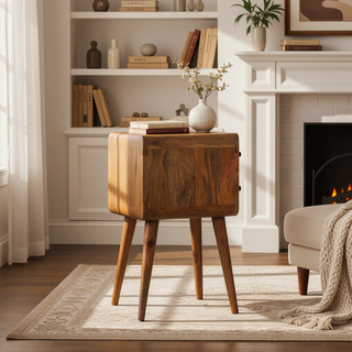 Sunvega Solid Mango Wood Nightstand with Two Drawers Oak-ish Finish