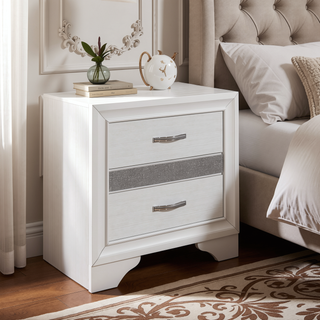 Sunvega White and Silver Glitter Nightstand with Hidden Felt-Lined Jewelry Drawer