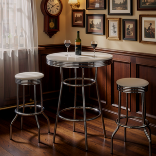 Sunvega Retro Chrome Rim Round Bar Table with Footrest for Vintage Soda Fountain