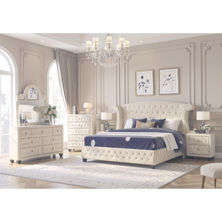 Sunvega Sophia Cream Velvet Upholstered Crystal Tufted 5-Drawer Chest for Bedroom