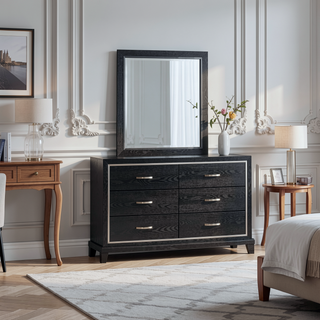 Sunvega Modern Black Nightstand with Two Drawers and Built-In AC USB Outlets