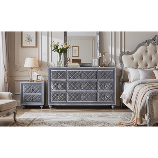 Sunvega Glam Traditional Style Nine Drawer Dresser with Velvet Tufted Fronts