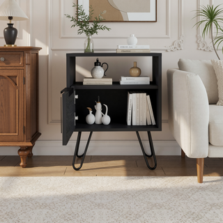 Sunvega Single Door Cabinet Nightstand with Hairpin Legs and Two Shelves