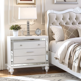 Sunvega Mirror Accented Modern Style Nightstand with Three Spacious Drawers in Silver