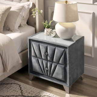 Sunvega Transitional Gray Fabric Upholstered Nightstand with Chrome Legs and Glass Top