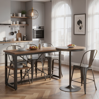 Sunvega Adjustable Industrial Bar Table with Distressed Wood Top and Metal Frame
