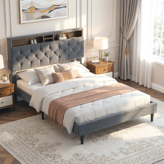 Sunvega Queen Size Upholstered Platform Bed Frame with USB Ports and Storage Headboard