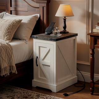 Sunvega Farmhouse Side Table with Charging Station USB Ports and Storage Cabinet