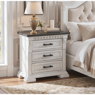 Sunvega Antique White Transitional Wood Nightstand with Three Convenient Drawers
