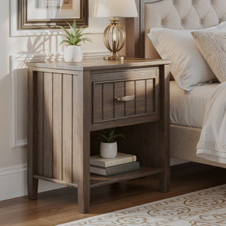 Sunvega Smoky Brown Solid Wood Transitional Bedside Table with Drawer and Storage