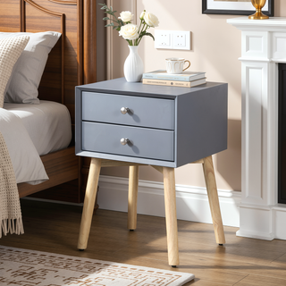Sunvega Mid-Century Modern Bedside Table with 2 Drawers and Rubber Wood Legs