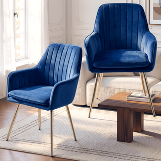 Sunvega Blue Velvet Mid-Back Dining Chairs with Gold Plated Legs for Living Room