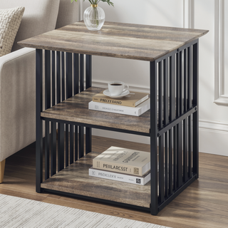 Sunvega Industrial Antique Oak & Black Finish Nightstand with 2 Open Compartments