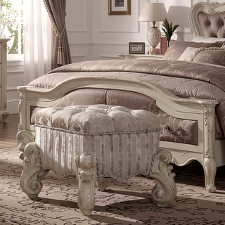 Sunvega Ivory and Bone White Vanity Stool with Nailhead Trim and Button Tufted Backrest