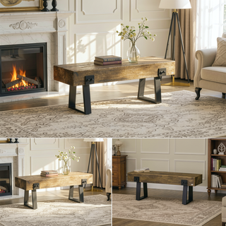 Sunvega Rustic Wood Effect Concrete Garden Bench with Metal Legs for Patio and Indoor Use
