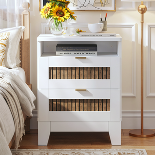 Sunvega White Farmhouse Queen Platform Bed with Wooden Strip Decoration and Plywood Slats