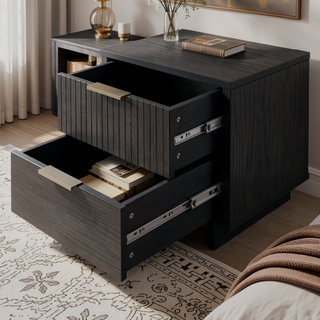 Sunvega Modern Glam Nightstand with Gold Steel Handles and Solid Wood Drawers