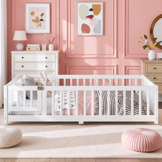 Sunvega Twin Size Floor Bed with Safety Guardrails and Door for Kids in Natural