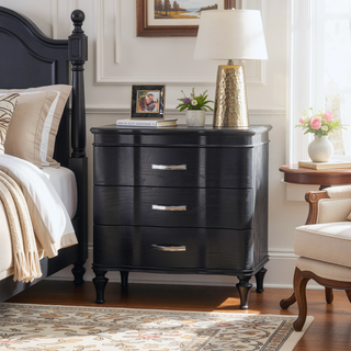 Sunvega Glam Modern Black Nightstand with Curved Front Panels and Turned Wood Leg