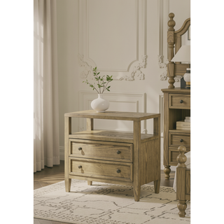 Sunvega Rustic Style Wooden Nightstand with Two Drawers and Open Shelf in Tan Beige