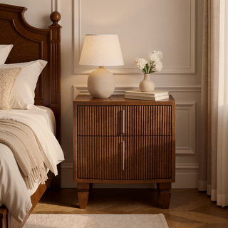 Sunvega Solid Mango Wood Nightstand with Grooved Drawers and Brass Handles