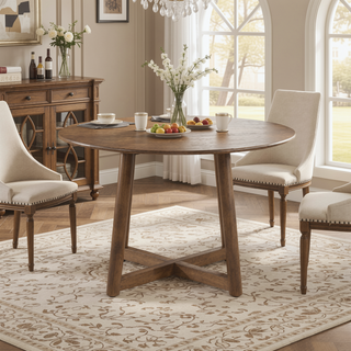 Sunvega Asian Hardwood Dining Table with Walnut Finish and Round Convex Top