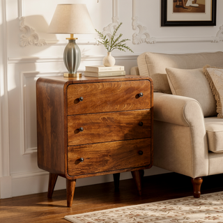 Sunvega Solid Mango Wood Chestnut Mini Curved Chest with 3 Drawers and Nordic Legs