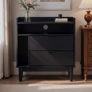 Sunvega Mid-Century Modern Solid Wood 2-Drawer Nightstand with Tray Top