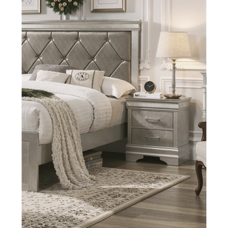 Sunvega Modern Glam Champagne Finish Crystal Diamond Tufted Crocodile Texture Nightstand