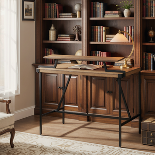 Sunvega Industrial Black Metal and Brown Wood-Pressed Grain Bamboo Counter Table