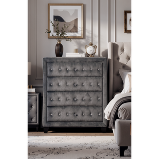 Sunvega Sophia Cream Velvet Upholstered Crystal Tufted 5-Drawer Chest for Bedroom