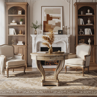 Sunvega Small Round Natural Wood Side Table with Two Storage Drawers