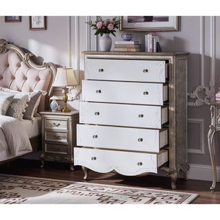 Sunvega Antique Champagne Chest with Five Mirrored Drawers and Crystal Knobs