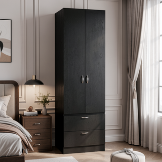 Sunvega 76 Inch High Armoire Wardrobe with 2 Drawers Double Door and Hanging Rod