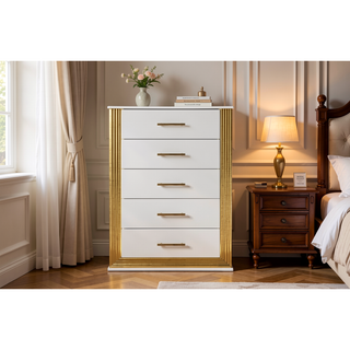 Sunvega Modern White and Gold Finish Five-Drawer Chest with LED Lights