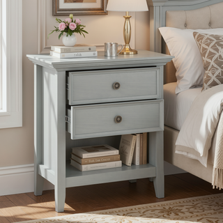 Sunvega Fog Grey Solid Wood Bedside Table with Two Spacious Drawers