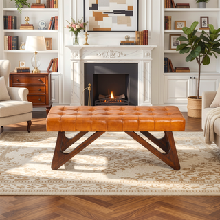 Sunvega Mid-Century Modern Tan Leather Upholstered Bench with Buttons and Solid Wood Frame