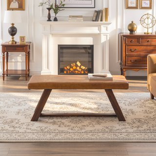 Sunvega Genuine Leather Upholstered Bench With Solid Wood Legs In Tan
