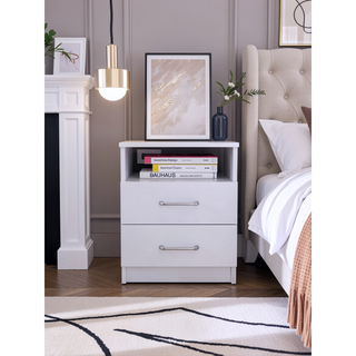 Sunvega White Nightstand with Two Drawers and Open Shelf for Bedroom Storage