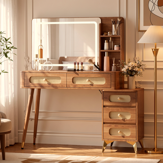 Sunvega Vintage Rattan Makeup Vanity with Mirror Lights and 5 Drawers