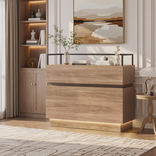 Sunvega LED Nightstand with Drawers, Glass Top and Wooden Surface for Bedroom