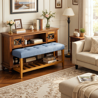 Sunvega Light Blue and Oak Tufted Padded Seat Bench with Open Slatted Shelf